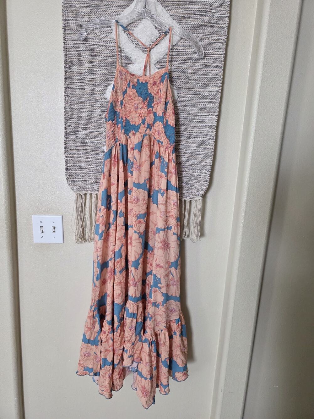 Free People Floral Smocked Midi Dress XS Blue Pink Boho Strappy Handkerchief Hem